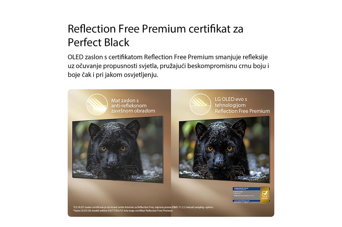 LG 55 inča LG OLED evo AI G6 4K Smart TV 2026, Na televizoru LG OLED evo AI G6 s vrhunskim premazom protiv odsjaja Reflection Free Premium prikazuje usporedbu mat zaslona bez odsjaja, održavajući sliku crnog jaguara jasnom s dubokim crnim tonovima, OLED55G61LW, thumbnail 7