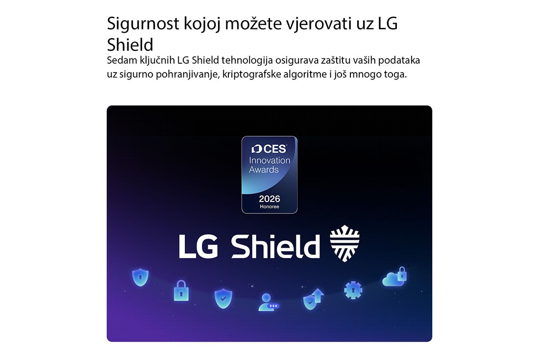 LG 55 inča LG OLED evo AI G6 4K Smart TV 2026, Sigurnosni sustav LG Shield, primijenjen na televizoru LG OLED evo AI G6, prikazan je s logotipom sigurnosnog sustava LG Shield u sredini, sigurnosnim ikonama ispod i oznakom dobitnika nagrade za inov, OLED55G61LW, thumbnail 11