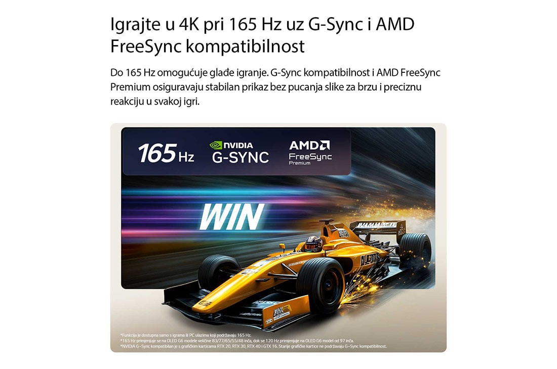 LG 55 inča LG OLED evo AI G6 4K Smart TV 2026, Televizor LG OLED evo AI G6 za nepobjedivo igranje u rezoluciji od 4K i s brzinom osvježavanja od 165 Hz prikazuje brzu videoigru utrkivanja sa žutim bolidom u pokretu, podebljani tekst riječi „POBJED, OLED55G61LW, thumbnail 12