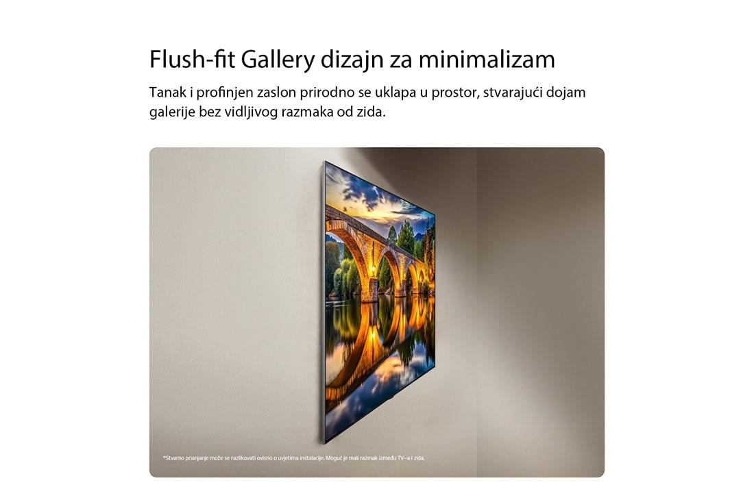 LG 55 inča LG OLED evo AI G6 4K Smart TV 2026, Televizor LG OLED evo AI G6, prikazan s bočne strane, kojim se ističe dizajn poput umjetničke slike koji savršeno prianja uza zid s montažom na zid bez razmaka, prikazujući noćnu scenu osvijetljenog m, OLED55G61LW, thumbnail 13