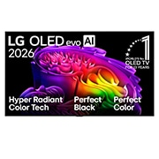 LG 55 inča LG OLED evo AI G6 4K Smart TV 2026, Prednji prikaz televizora LG OLED evo AI G6, koji se na tržištu pojavio 2026., prikazuje sliku slojevitih, raznobojnih oblika, s tehnologijom Hyper Radiant Color, savršenom crnom i savršenom bojom, za, OLED55G61LW, thumbnail 2