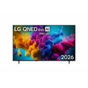 LG QNED evo AI Mini LED QNED8M 4K Smart TV od 65 inča, model 2026., Pogled sprijeda na televizor LG QNED evo AI Mini LED QNED8M, izdan 2026. godine, prikazuje zaslon ispunjen živopisnim, tekućim naletima višebojnih pokreta nalik na boju, dok se bogato slojeviti oblaci, 65QNED8MB6C, thumbnail 1