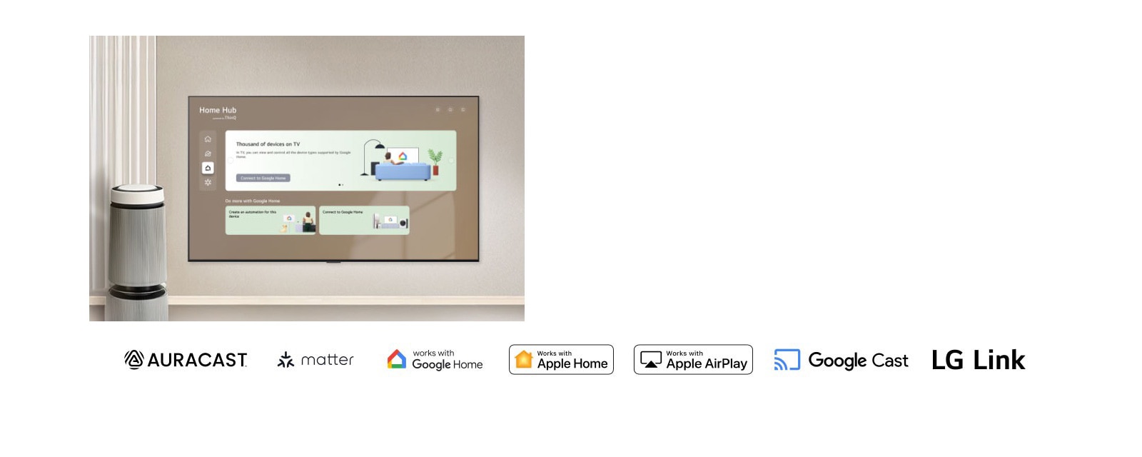LG QNED evo AI Mini LED QNED8M s opcijom pametnog povezivanja prikazuje sučelje Home Hub na zaslonu, uz prikaz veza s uslugom Google Home i aplikacijom LG ThinQ te ploče za TV, uređaje i aplikacije u jedinstvenom upravljačkom rasporedu.