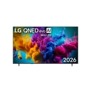 LG QNED evo AI Mini LED QNED8M 4K Smart TV od 85 inča, model 2026., Pogled sprijeda na televizor LG QNED evo AI Mini LED QNED8M, izdan 2026. godine, prikazuje zaslon ispunjen živopisnim, tekućim naletima višebojnih pokreta nalik na boju, dok se bogato slojeviti oblaci, 85QNED8MB6A, thumbnail 1