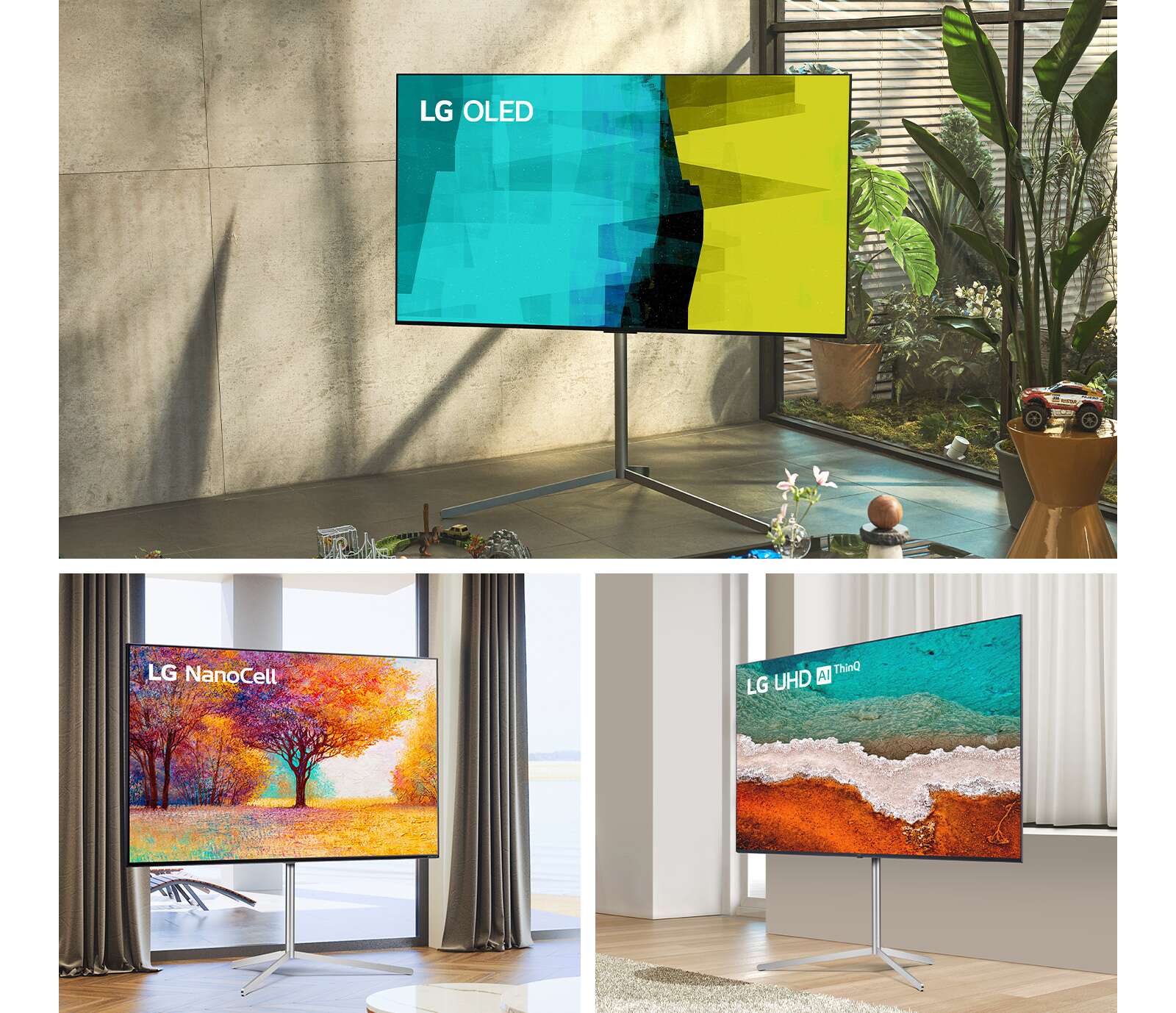 Galerijski stalak u tri različita prostora s tri različita televizora. Prvi je LG OLED TV u svijetloj sobi, drugi je LG NanoCell TV u prostoru nalik hotelskom, treći je LG UHD AI Thinq u bijelom prostoru nalik galerijskom.