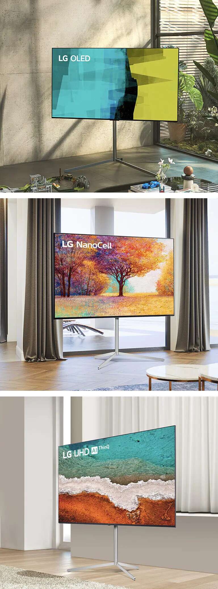 Galerijski stalak u tri različita prostora s tri različita televizora. Prvi je LG OLED TV u svijetloj sobi, drugi je LG NanoCell TV u prostoru nalik hotelskom, treći je LG UHD AI Thinq u bijelom prostoru nalik galerijskom.