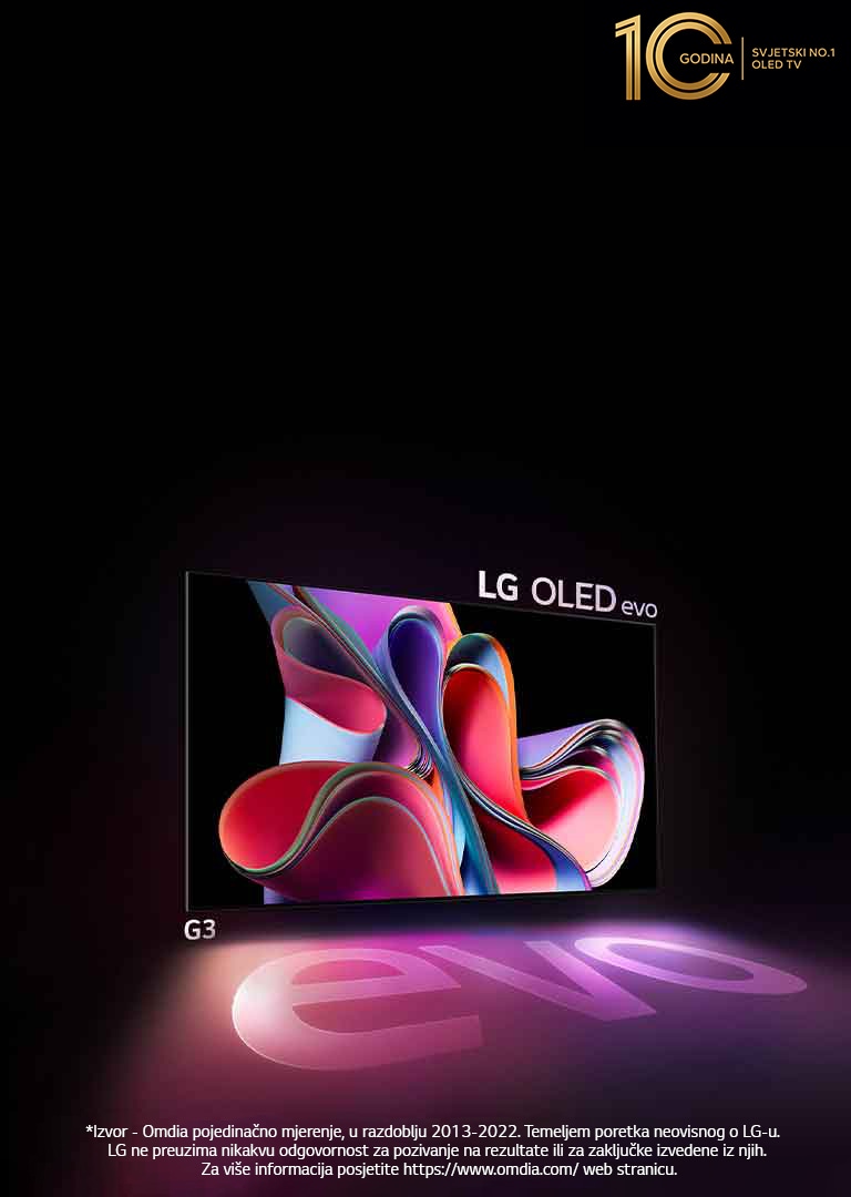 LG OLED G3 sjaji u tamnom prostoru. A u gornjem desnom dijelu nalazi se logotip za obilježavanje 10. godišnjice televizora OLED.