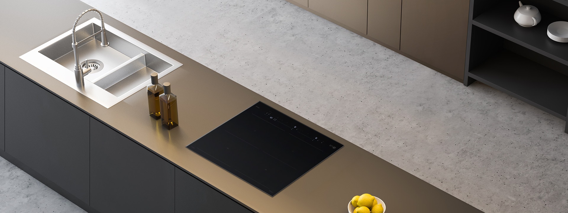 Animacija koja prikazuje različite unutarnje rezove ugrađene indukcijske ploče za kuhanje.