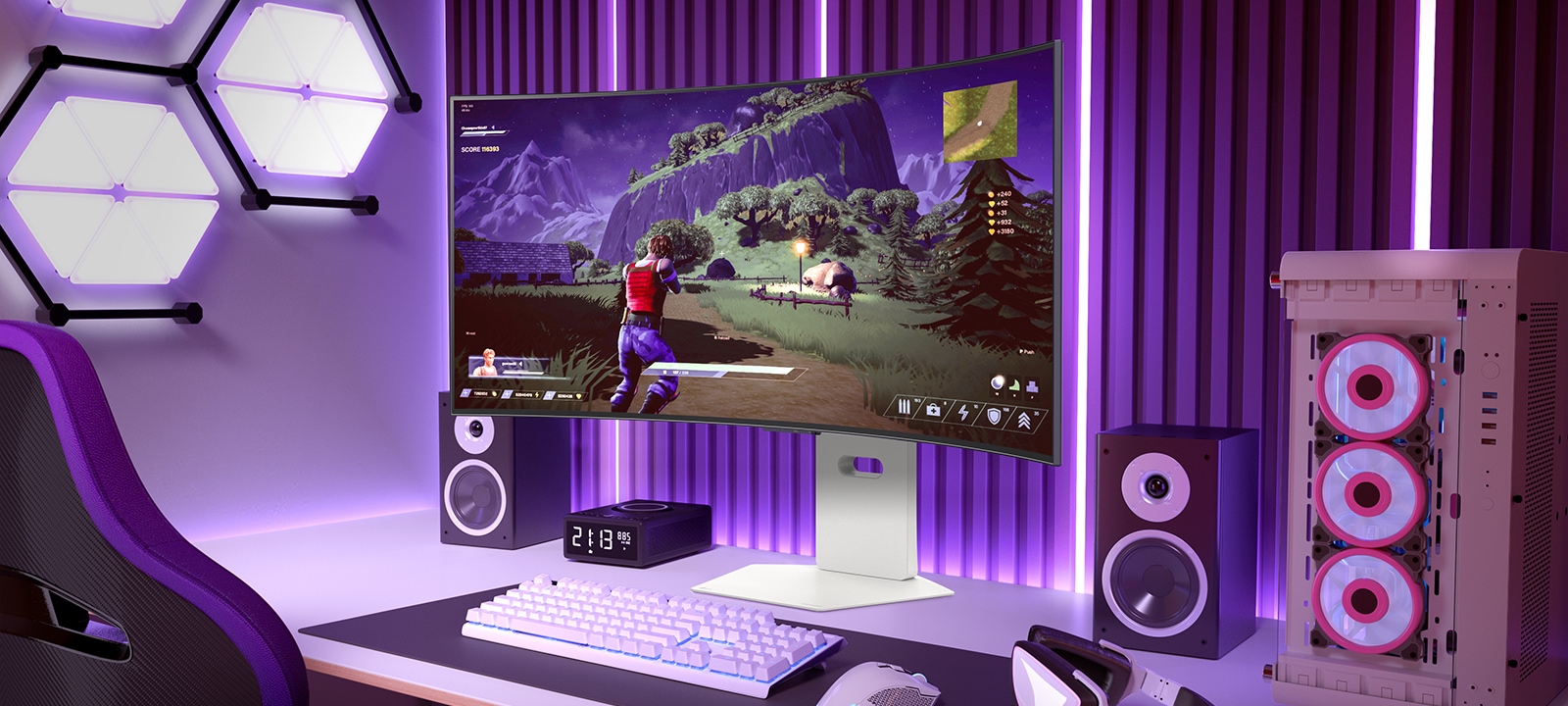 Na zaslonu zaobljenog monitora za igranje videoigara prikazuje se avanturistička akcijska igra u živopisnom prostoru s ljubičastim svjetlom i kućištem računala.