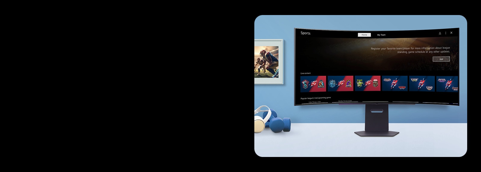 Zaslon smart  monitora postavljen na stolu prikazuje zaslon SPORTSKE APLIKACIJE.