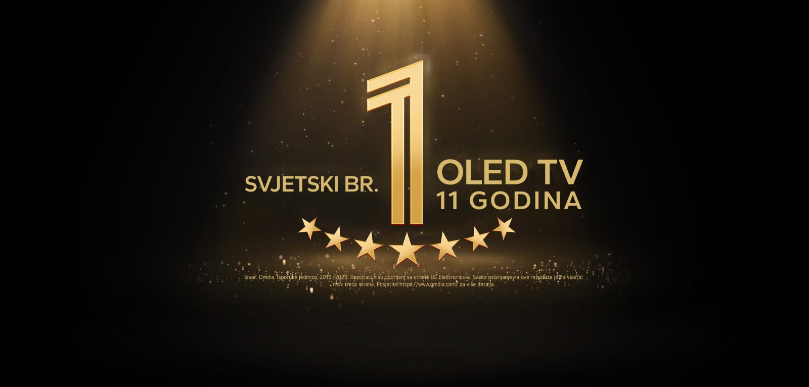 Zlatni amblem „Najbolji OLED TV na svijetu već 11 godina” na crnoj pozadini. Reflektor obasjava amblem, a zlatne apstraktne zvijezde ispunjavaju prostor.  