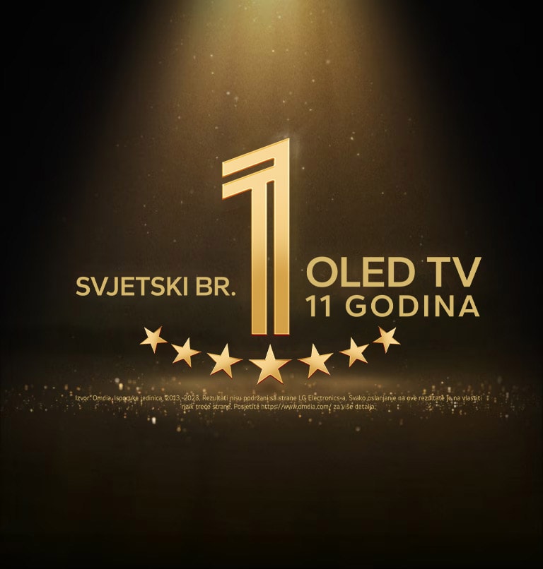 Zlatni amblem „Najbolji OLED TV na svijetu već 11 godina” na crnoj pozadini. Reflektor obasjava amblem, a zlatne apstraktne zvijezde ispunjavaju prostor.  
