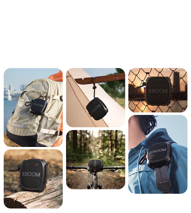 Slike prikazuju kako pričvrstiti uređaj LG XBOOM Go XG2T u svakodnevnim situacijama.