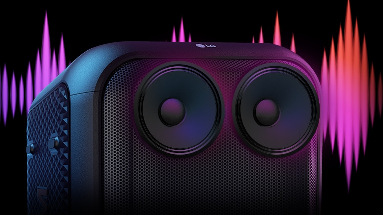 Prikaz izbliza 2,5-inčnih visokofrekvencijskih zvukova u obliku kupole s prikazom grafike visokih tonova u pozadini. Visokofrekvencijski zvučnici pretjerani su u svrhe dizajna. Eq zvuka nalazi se u pozadini.