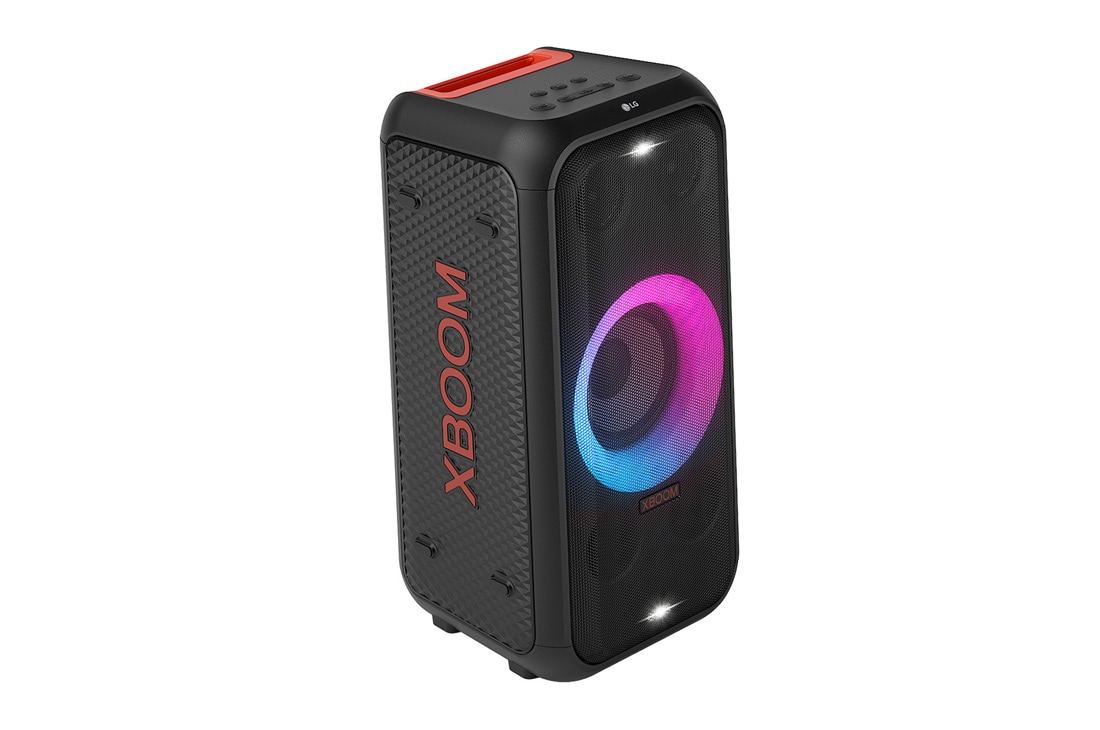 LG XBOOM XL5S, Prikaz prednje lijeve strane sa svim uključenim osvjetljenjem. Prikazuje XBOOM logotip., XL5S, thumbnail 3