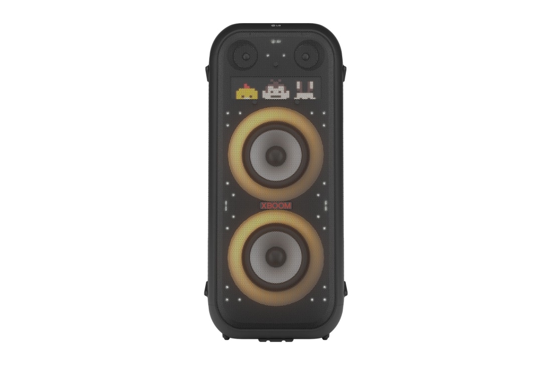 LG Portable Bluetooth Speaker LG XBOOM XL9T 2024, Prednji prikaz proizvoda sa svim uključenim svjetlima. Na zaslonu pikseliziranog umjetničkog prikaza prikazuju se slova., XL9T, thumbnail 9