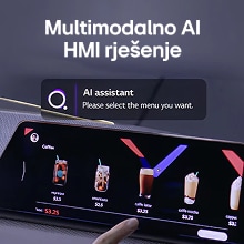 User interacting with touchscreen interface powered by multimodal AI HMI solution, selecting coffee menu with AI assistant prompt