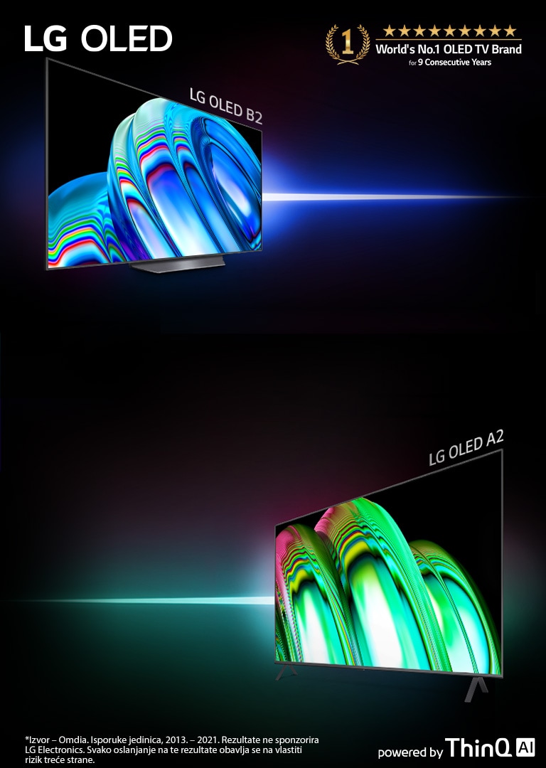 LG OLED B2 i LG OLED A2 stoje na crnoj pozadini. LG OLED B2 naginje se ulijevo i prikazuje plavu apstraktnu sliku. LG OLED A2 naginje se udesno i prikazuje zelenu apstraktnu sliku.			