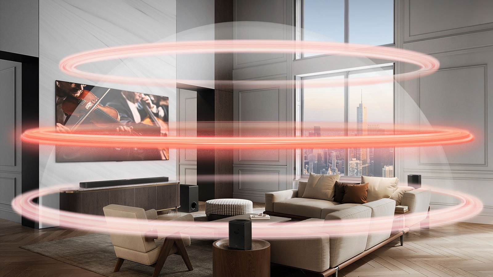 LG TV és LG Soundbar egy nagyméretű városi lakásban. Virtuális rétegként három piros sáv jelenik meg egyenként, majd teljes hangkupolát alkotva összeállnak.