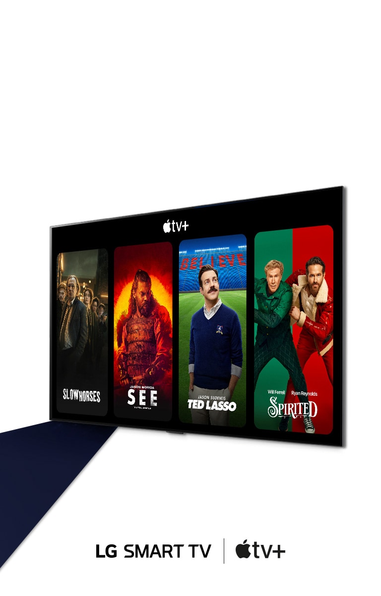 Kép az LG OLED TV-ről. A képernyőn Apple TV+ tartalom látható a fejlécben a „Három hónap Apple TV+ előfizetés ingyen az LG okos TV-kkel” felirattal.