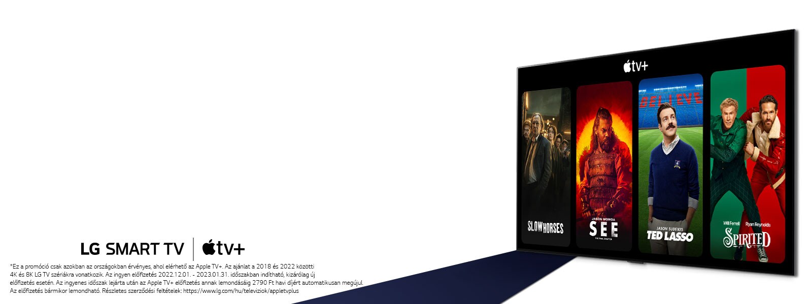 Kép az LG OLED TV-ről. A képernyőn Apple TV+ tartalom látható a fejlécben a „Három hónap Apple TV+ előfizetés ingyen az LG okos TV-kkel” felirattal.
