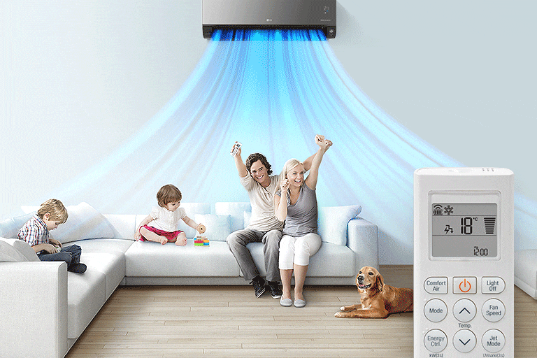 Egy család egy nappaliban egy ágyon pihen, fölötte egy LG légkondicionáló van felszerelve. A készülékből levegőt szimbolizáló kék vonalak vezetnek, jelezve a készülék bekapcsolt állapotát. Az előtérben a távvezérlő előlapja látható a gombokkal és a hőmérséklettel.