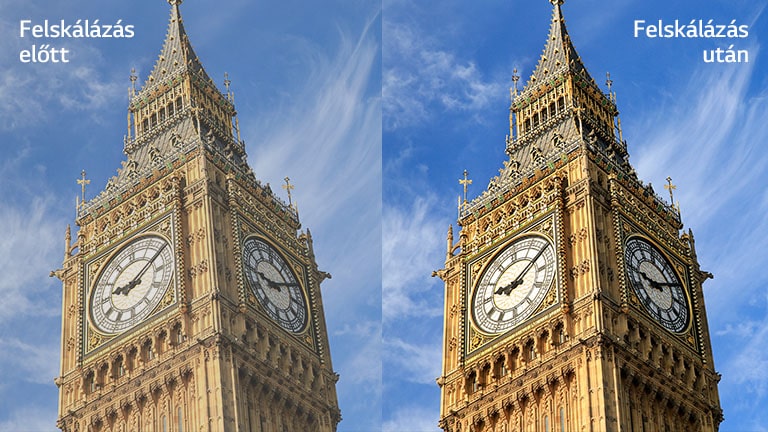 The image of Big Ben on the right is labeled “After Upscaling” and the version of the same image on the left labeled “Before Upscaling” is more vivid and clear.