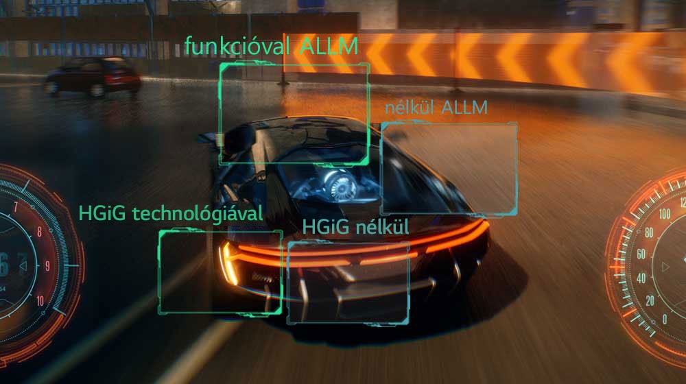 A képen egy versenyjáték állóképe látható a HGIG és ALLM funkciókkal javított képminőséggel, az eredeti képminőséggel összehasonlítva.