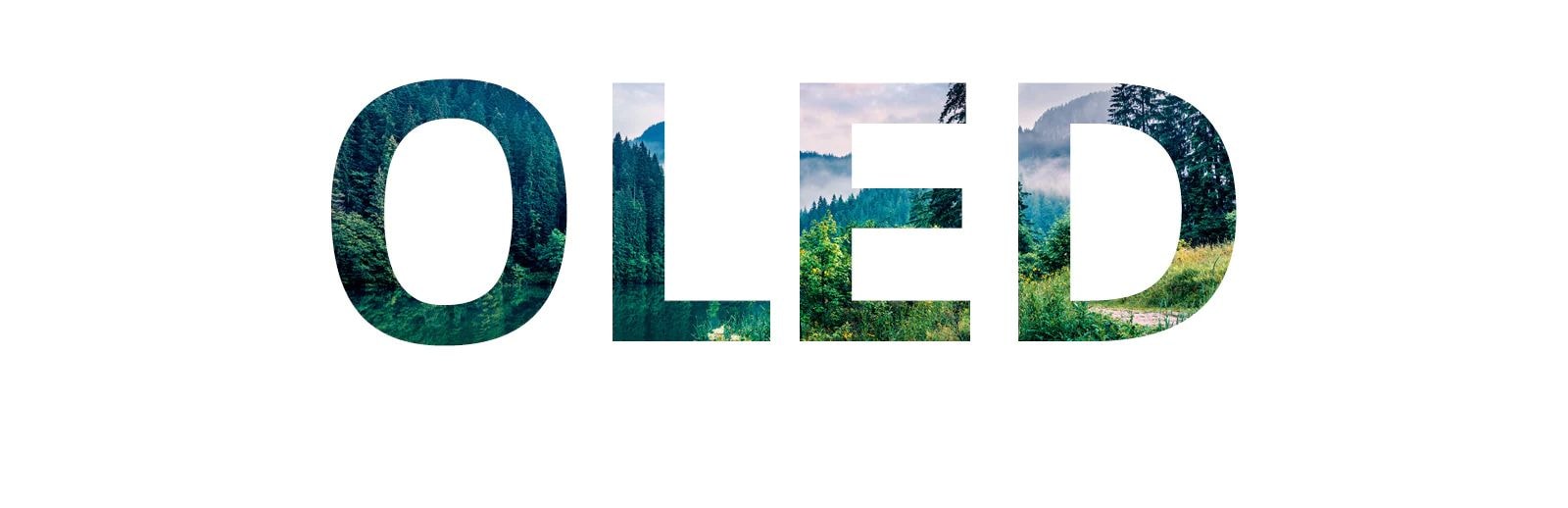 Az „OLED” szó, ahol egy természetet ábrázoló kép csúszik be jobb oldalról (videó megtekintése)