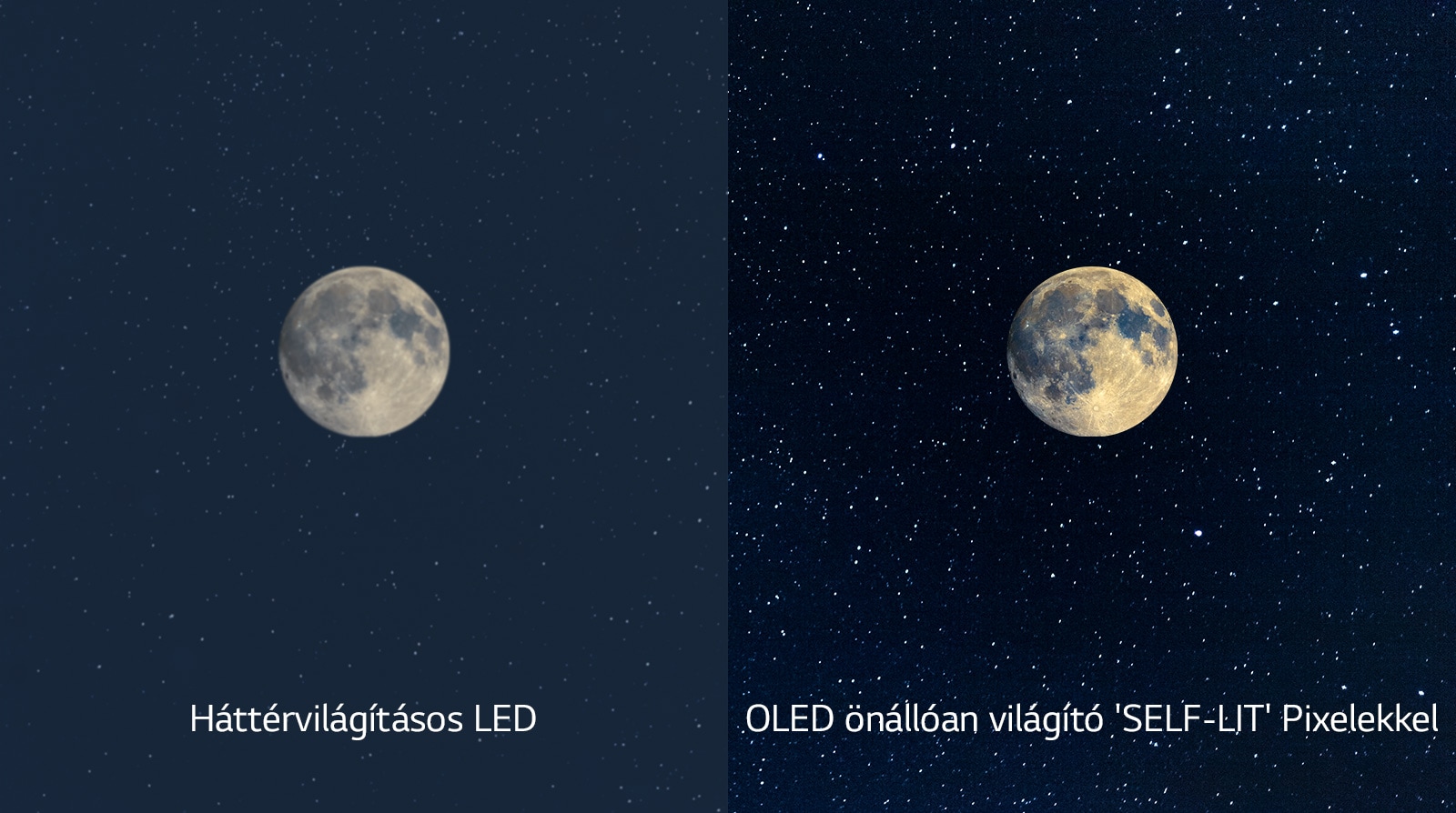 A hold képe, mely a bal oldalon LED képernyőn látható elmosódott feketével, a jobb oldalon pedig az OLED tökéletes feketéjével (videó megtekintése)