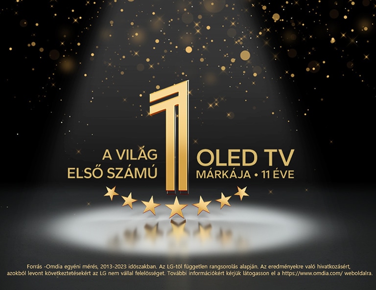 „A világ első számú OLED TV-je 11 éve” arany embléma fekete háttér előtt. Az emblémára reflektorfény világít, és arany absztrakt csillagok töltik be fölötte az eget.	