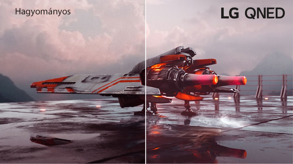 A kettéosztott képen egy piros vadászrepülő látható – a kép bal oldali fele kevésbé színesnek és kissé sötétebbnek tűnik, míg a jobb oldali rész világosabb és színesebb. A bal felső sarokban a „hagyományos” felirat, a jobb felső sarokban pedig az LG QNED logó látható.