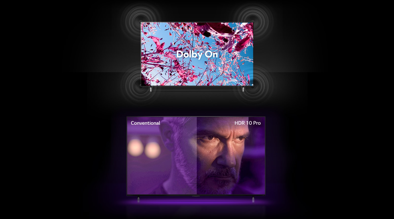 A QNED TV képernyőjén egy nyári mezőn rózsaszín repcevirágok láthatók, középen egy Dolby KI felirat olvasható. A képernyőn látható kép egyre világosabbá válik, ahogy a felirat Dolby BE szövegre vált. Alatta egy másik QNED TV, és egy dühösnek látszó öreg ember van a képernyőn. A TV képernyőjén lévő kép két részre van osztva. A kép bal oldali fele fakónak tűnik kevésbé élénk színekkel, a jobb oldali rész pedig élénkebbnek és színesebbnek tűnik. A bal felső sarokban a „hagyományos”, a jobb felső sarokban pedig a „HDR 10 PRO” felirat olvasható.
