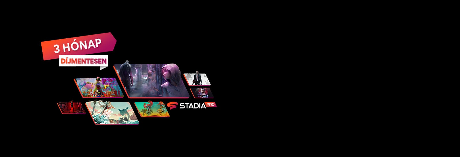 A Stadia alkalmazásban játszható különböző játékok képei láthatók egy piros szikrázó részecskékkel teli sötét háttér előtt.
