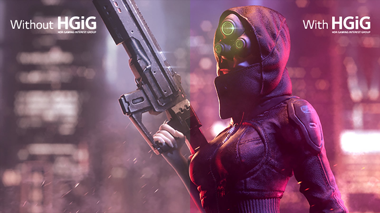 A képen egy fegyvert tartó nő látható, az arcát teljesen eltakarja egy maszk. A kép bal oldali fele fakó és kevésbé színes, a jobb oldali rész pedig viszonylag színesebb.