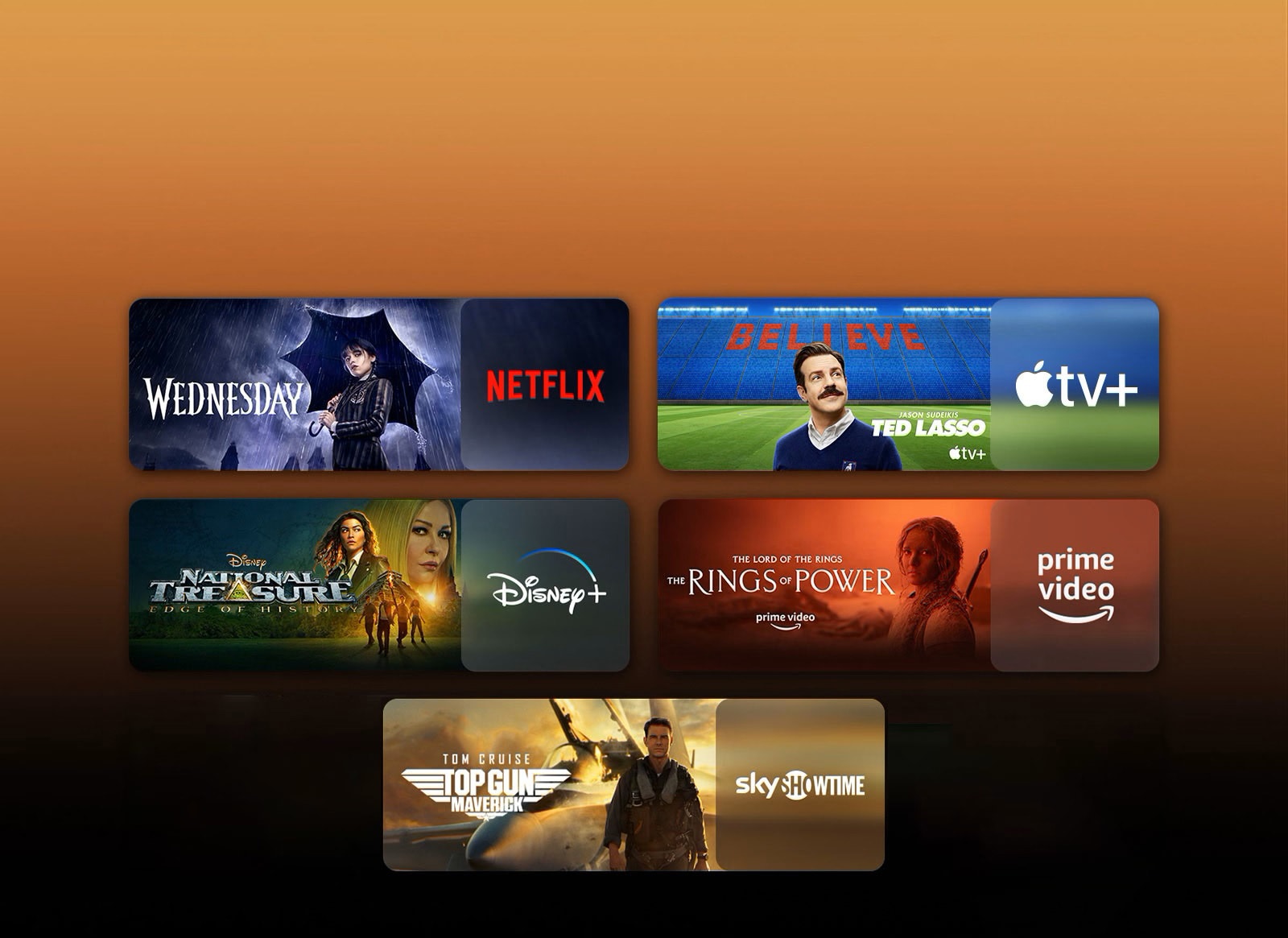 Poleg vsakega logotipa lahko vidite logotipe platform za internetno oddajanje in njihove povezane slike.  Slike prikazujejo sredo iz Netflixa, TED LASSO iz Apple TV, The Nation's Gold iz Disney Plus, Rings of Power iz PRIME VIDEO, Top Gun iz Sky Showtime.