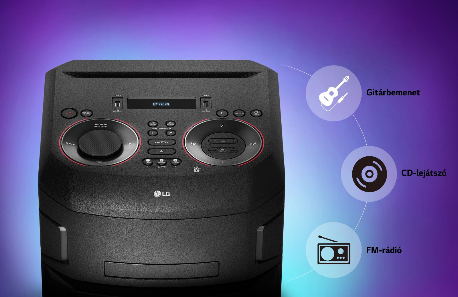 Zoom in on the top of the LG XBOOM; connection options icons are visible around the product.