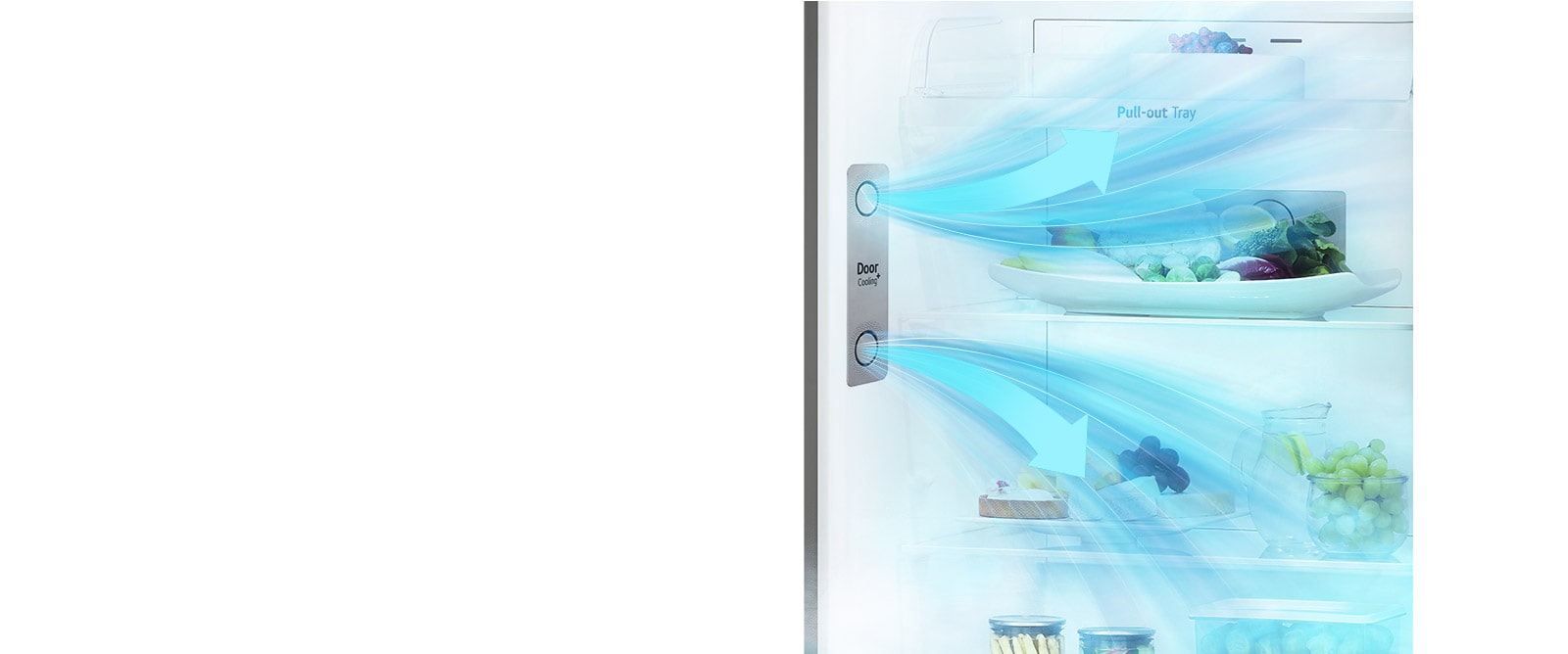 A hűtó bal oldalán található door cooling funkció megőrzi a tárolt élelmiszerek frissességét.