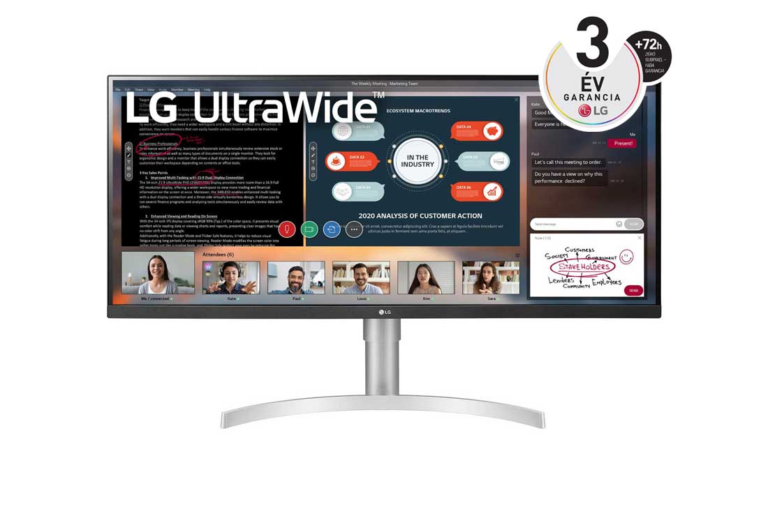 LG 34'' méretű 21:9 képarányú UltraWide™ FullHD IPS monitor HDR 10-zel, elölnézet, 34WN650-W