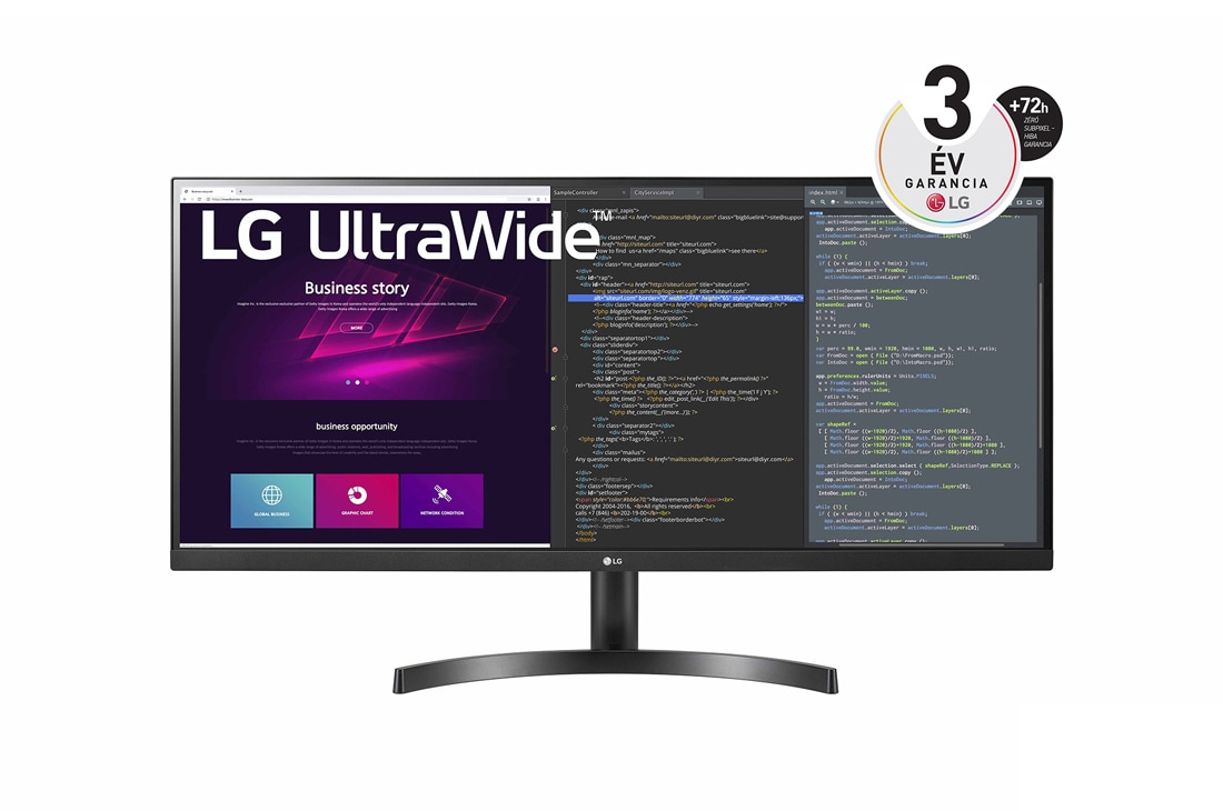 LG 34'' méretű 21:9 képarányú UltraWide™ QHD IPS monitor HDR 10-zel és  AMD FreeSync™ technológiával, elölnézet, 34WN700-B
