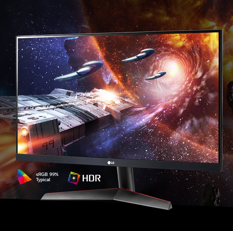 Játékjelenet gazdag színekkel és kontraszttal a HDR10 sRGB 99% (Typ.) technológiát támogató monitoron.