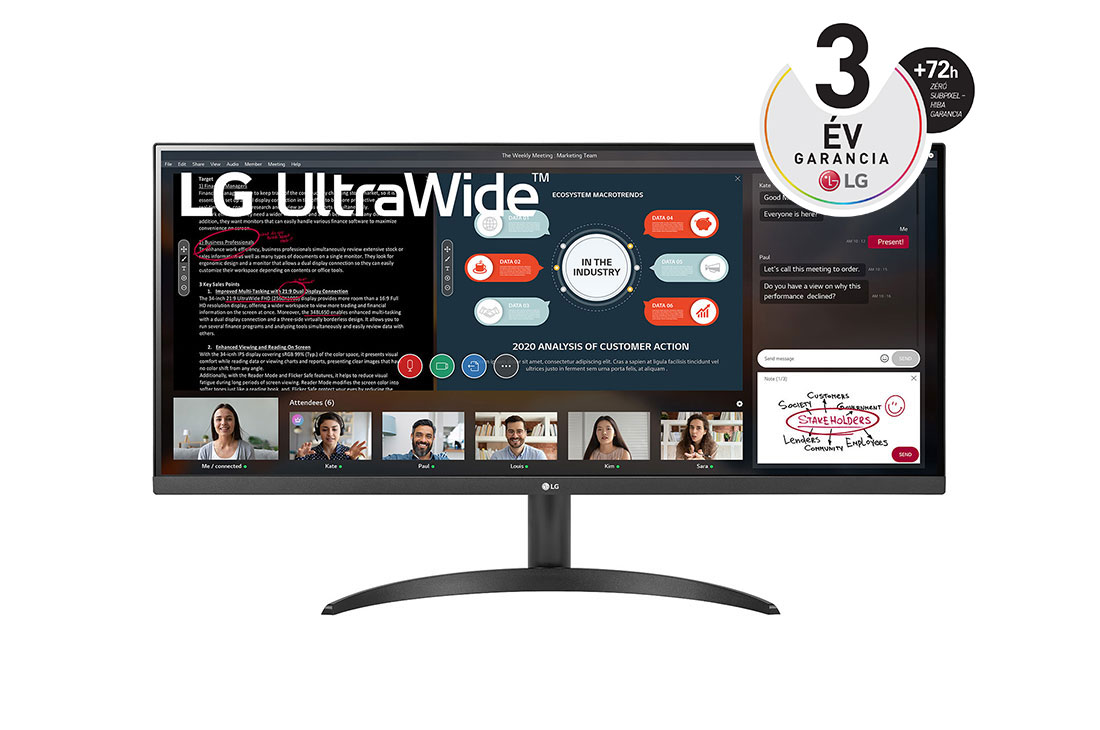 LG 34”-os 21:9 UltraWide™ Full HD IPS monitor AMD FreeSync™ technológiával, elölnézet, 34WP500-B