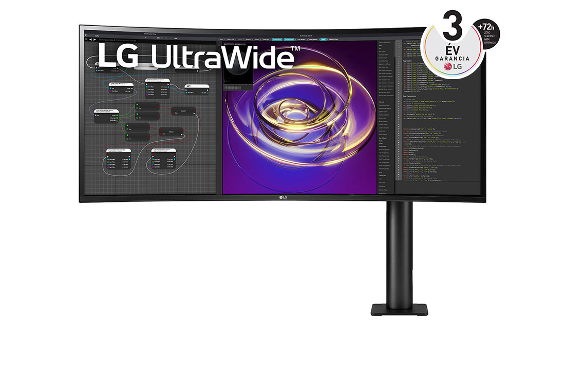 LG 34”-os, 21:9-képarányú, ívelt UltraWide™ QHD (3440 x 1440) Ergo monitor, a monitor elölnézete, a kar a jobb oldalon, 34WP88C-B