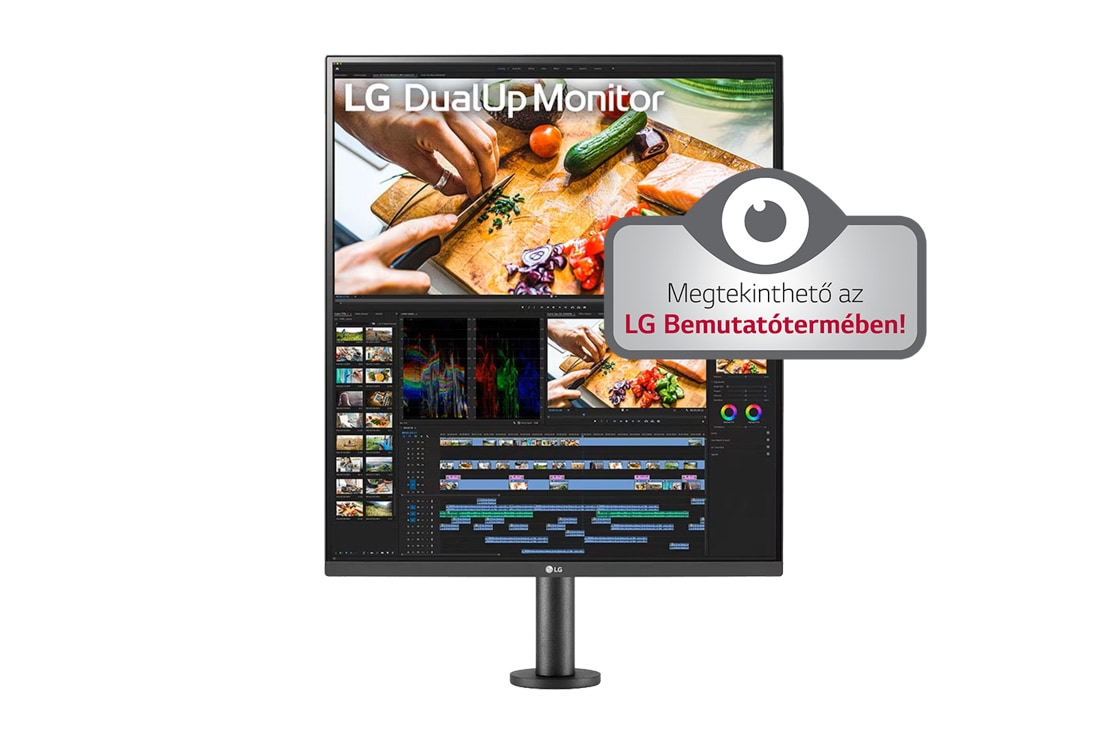 LG 27,6” 16:18 DualUp monitor Ergo talppal és USB Type-C™ csatlakozással, a monitor elölnézete, a kar a jobb oldalon, 28MQ780-B