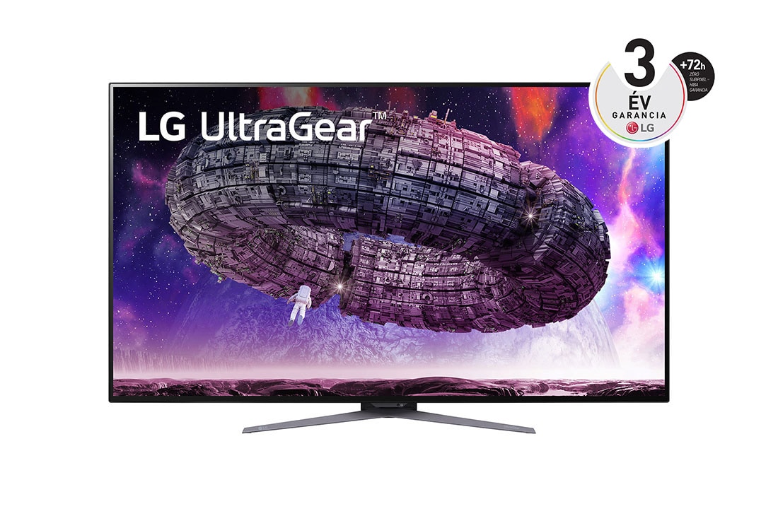 LG 47,5'' méretű 4K UHD OLED UltraGear™ gaming monitor 0,1ms-os válaszidővel és NVIDIA G-Sync™ kompatibilitással, elölnézet, 48GQ900-B
