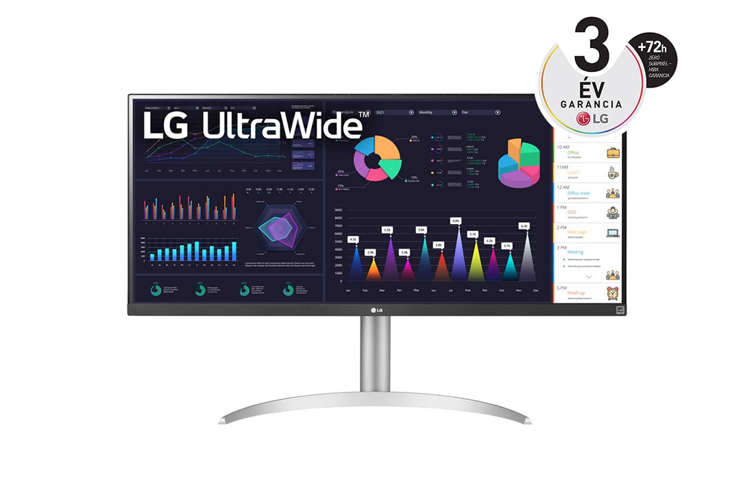 LG 34”-os 21:9 UltraWide™ Full HD IPS monitor AMD FreeSync™ technológiával, elölnézet, 34WQ650-W