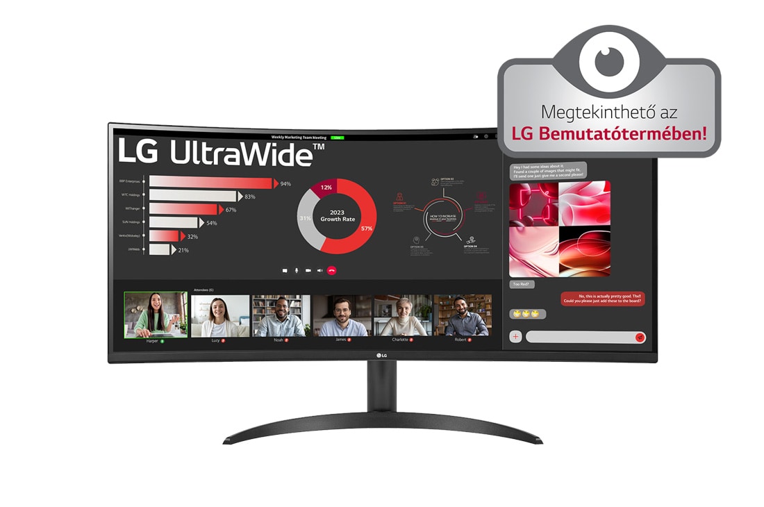 LG 34”-os UltraWide™ 21:9 képarányú, ívelt VA monitor 100 Hz-es képfrissítési sebességgel, elölnézet, 34WR50QC-B
