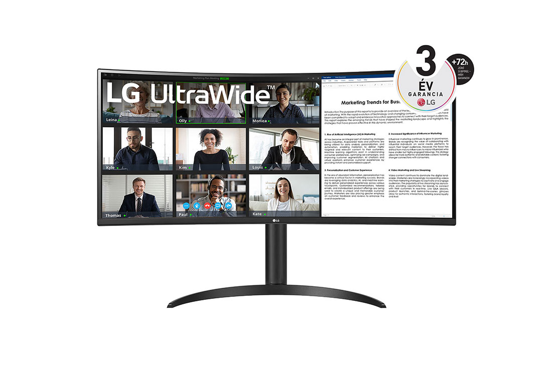 LG 34”-os UltraWide™ 21:9 képarányú, ívelt VA monitor 100 Hz-es képfrissítési sebességgel, elölnézet, 34WR55QC-B