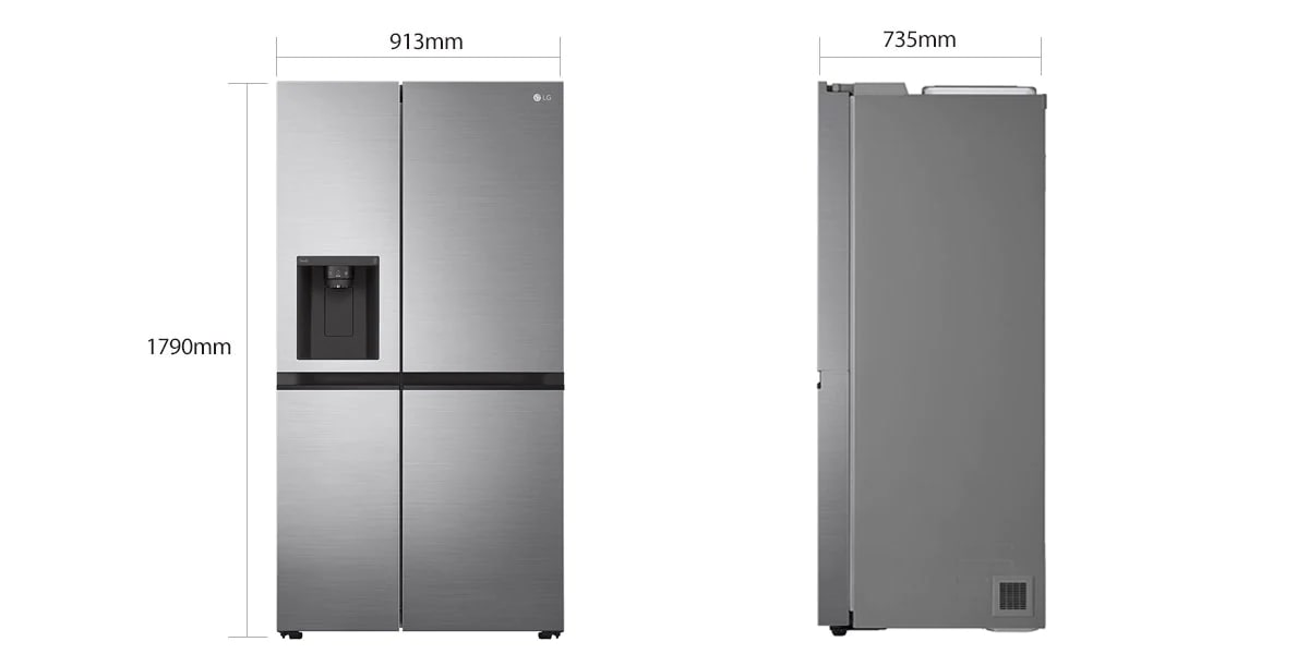 Két hűtőszekrény kép van egymás mellett. Az első képen a termék elölnézete látható méretadatokkal: szélesség 913 mm és magasság 1793 mm. A második képen a termék oldalnézete látható méretadattal: mélység 735 mm
