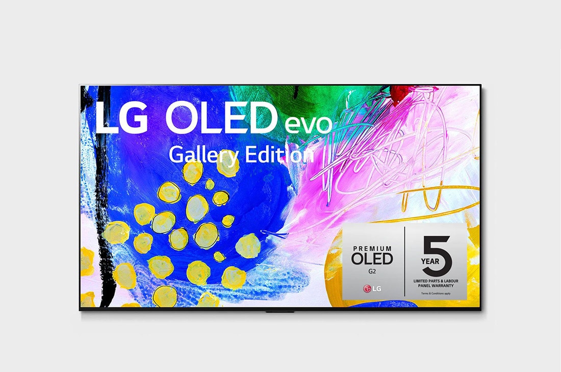 LG OLED evo 77'' G2 4K TV HDR Smart (196 cm), Elölnézet, melyen az LG OLED evo Gallery Edition látható a képernyőn, OLED77G23LA
